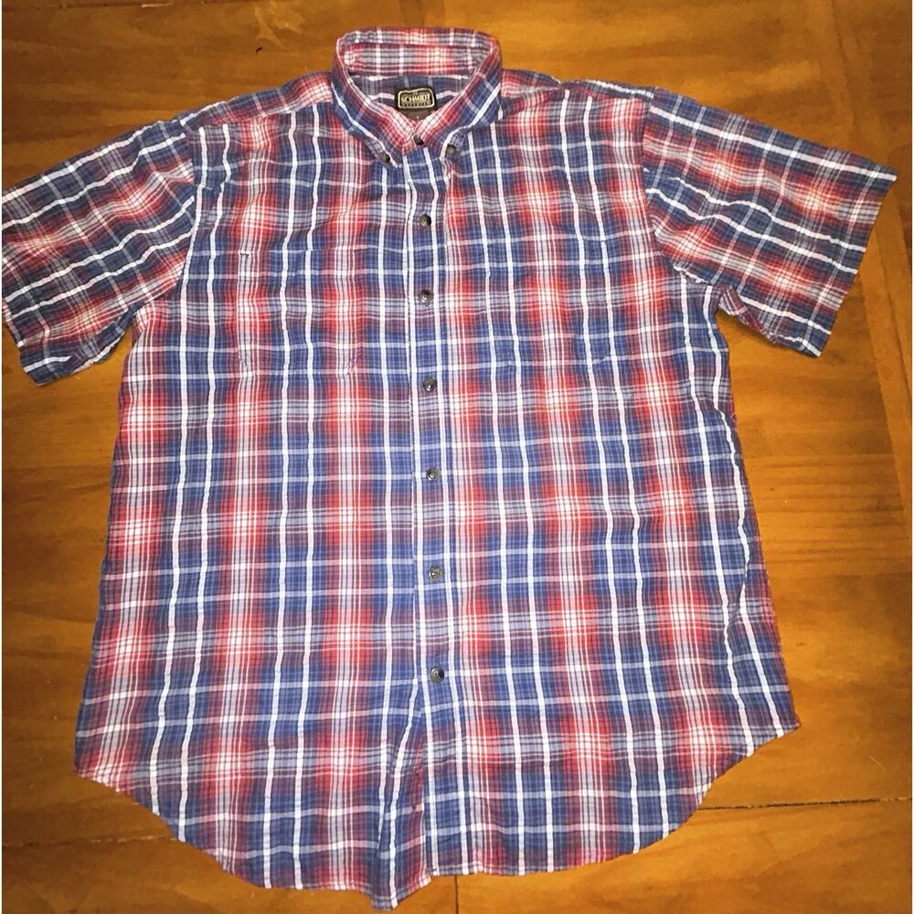 CE SCHMIDT MENS WORKWEAR SHORT-SLEEVE RED, BLUE, WHITE PLAID BUTTON UP SIZE L